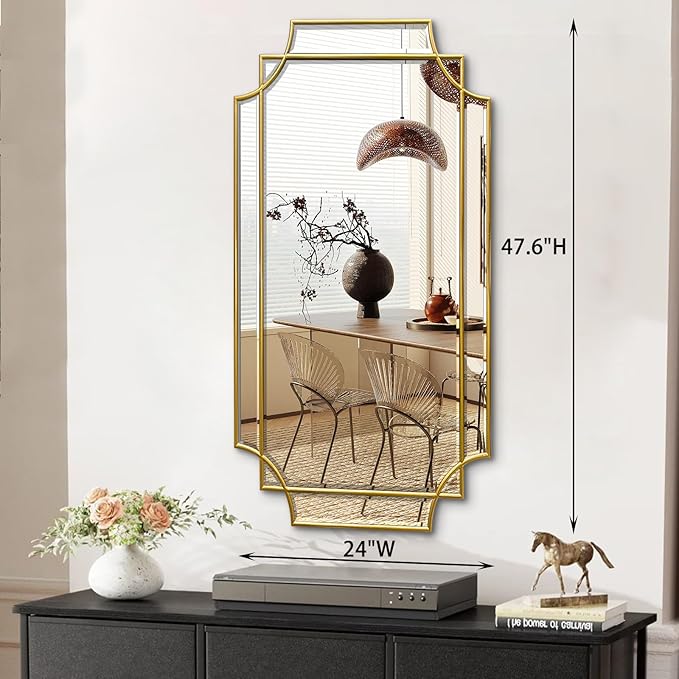 Wall Mirror Full Length, 47" x 24" Gold Wood Framed Full Body Mirror, Scalloped Beveled Polished Decorative Mirrors, Large Rectangle Irregular Mirror for Bathroom/Bedroom/Living Room/Entryway