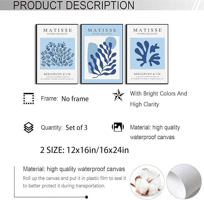 BingruiArt Blue Matisse Wall Art Canvas Boho Flower Set of 3 Minimalist Plant Leaves Painting Abstract Pictures Aesthetic Prints Home Decor for Living Room Bedroom Bathroom 12"x16" Unframed