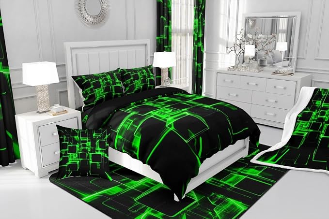 Erosebridal Fluorescent Green and Black Kids Comforter Set, Modern Geometric Square Bedding for Boys Girls Gradient Neon Light Honeycomb Duvet Set Twin 2 Pieces