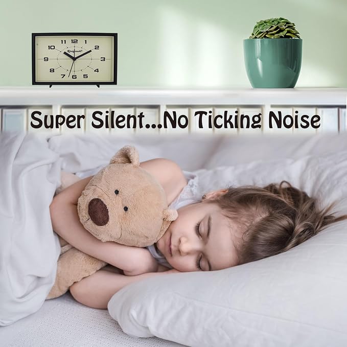 Analog Alarm Clock, 6 inch Silent Non Ticking Small Clock with Night Light, Battery Operated Simply Design for Bedroom, Bedside, Living Room, Room Decor, Desk, Table (Black)