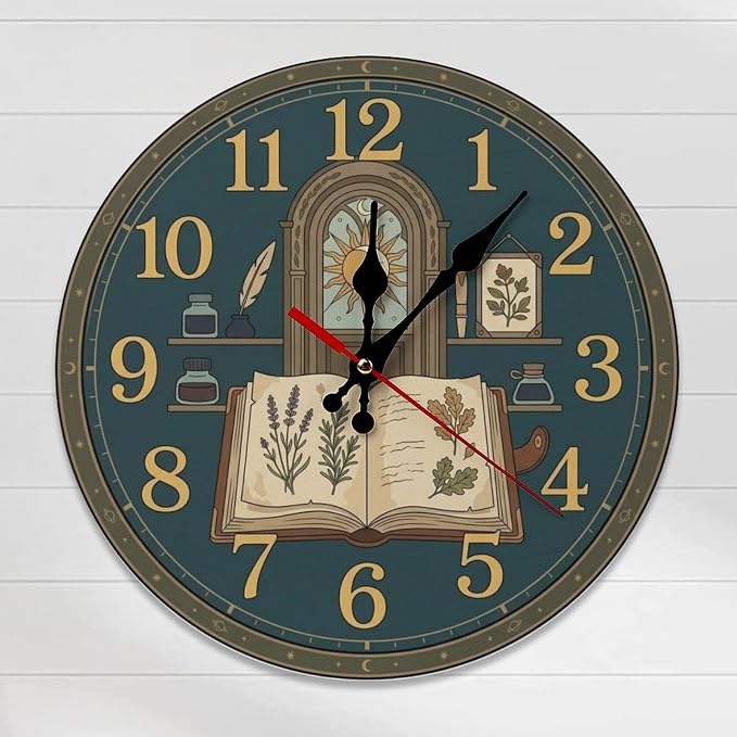 Witchy Herbal Wooden Wall Clock Silent Non-Ticking Quartz | Frameless Battery Powered Decor for Living Room Office Kitchen Gift 10 12 Inch