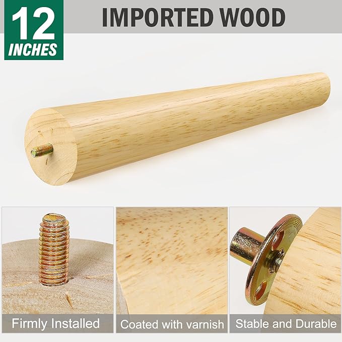 FoDau770 Rubber Wood Furniture Legs 12 Inches, Slant Tapered Wood Feet Mid Century Sofa Legs Set of 4, 5/16" UNC Furniture Feet Replacement Parts for Cabinet Couch Dresser Chair Ottoman Table