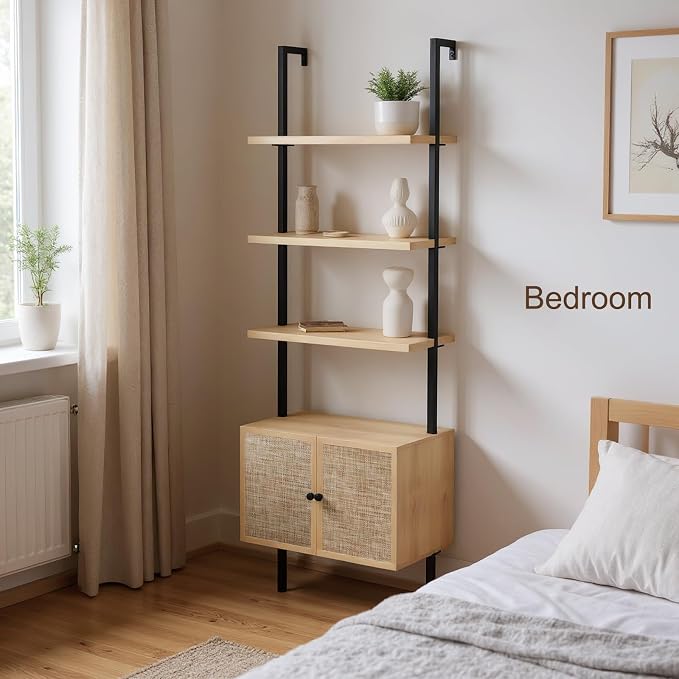 Rattan Bookcase, 6 Tier Ladder Bookshelf with Rattan Cabinet, Wall Mount Tall Bookshelves and Bookcases with Metal Storage Shelves Display for Living Room Bedroom Home Office, Oak