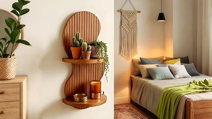 2-Tier Boho Arch Wall Shelf, 17x7.9in Mid Century Modern Wood Floating Shelves, Rustic Brown Hanging Shelf for Living Room Bedroom Office Decor Plant Display