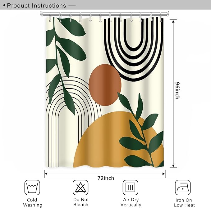 Abstract Mid Century Bohemian Bathroom Shower Curtain Orange Sun Green Eucalyptus Leaves Arch Shower Curtain with Hooks Waterproof Fabric Polyester Shower Curtain Home Decor, 72x96 Inch