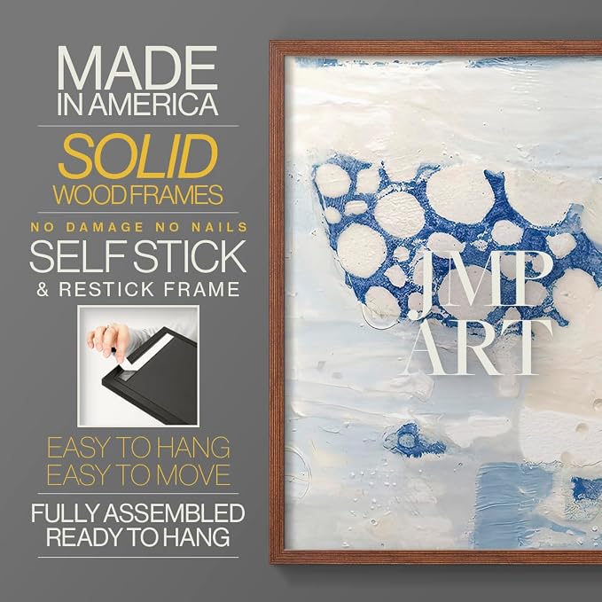 Renditions Gallery Set of 2 Peel & Stick Framed Prints, Textured Abstract Wall Art, White Blue Bubble Like Pattern Wall Decor, Re-Stickable - Ready to Hang - 16"x20" - Walnut Frame LT588