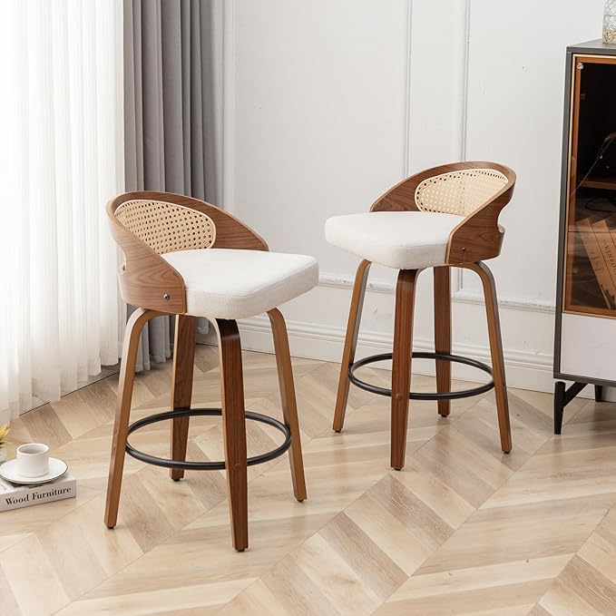 30" Swivel Rattan Bar Stools,Mid-Century Modern Beige Linen Fabric Upholstered Counter Height Stools,Kitchen Island Barstools with Rattan Low Backrest,Walnut Wood Finish Bar Chair,1PCS