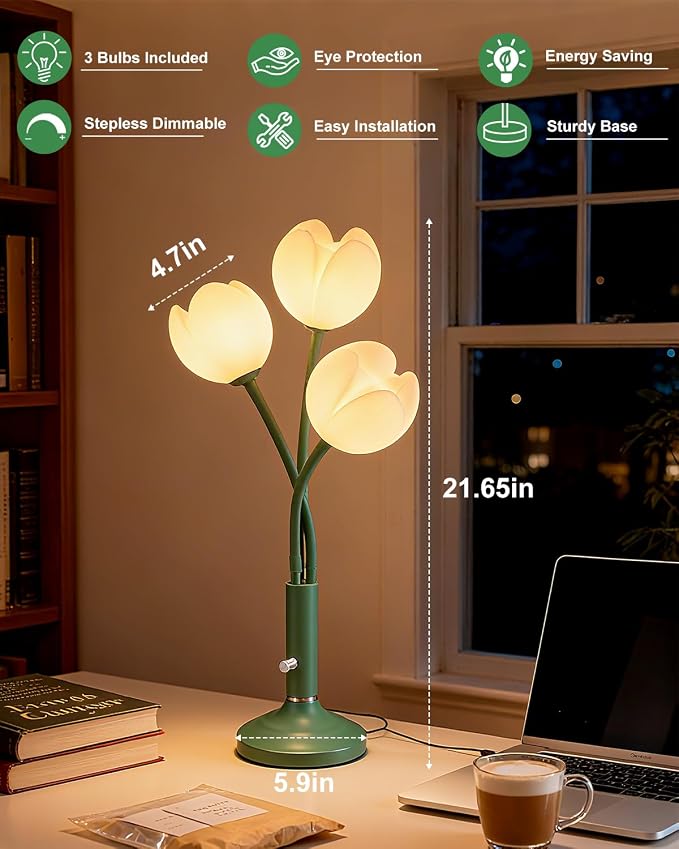 Vintage Green Flower Table Lamp Small Cute Desk Lamps with Adjustable Gooseneck& Bulbs for Girls' Room, 3000K Warm Light Dimmable Bedside Lamp Nightstand Light for Bedroom Living Room
