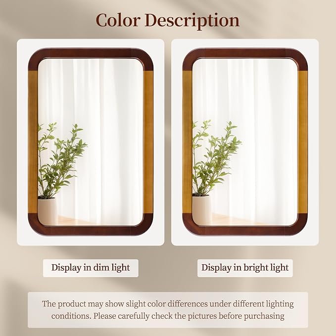 Bathroom Mirror 24 x 36 Inch,Brown Wood Rustic Rectangle Tempered Wall Mirror with Wood Frame,Round Corner Farmhouse Wooden Vanity Mirror for Living Room,Entryway or Bedroom(Walnut Brown)
