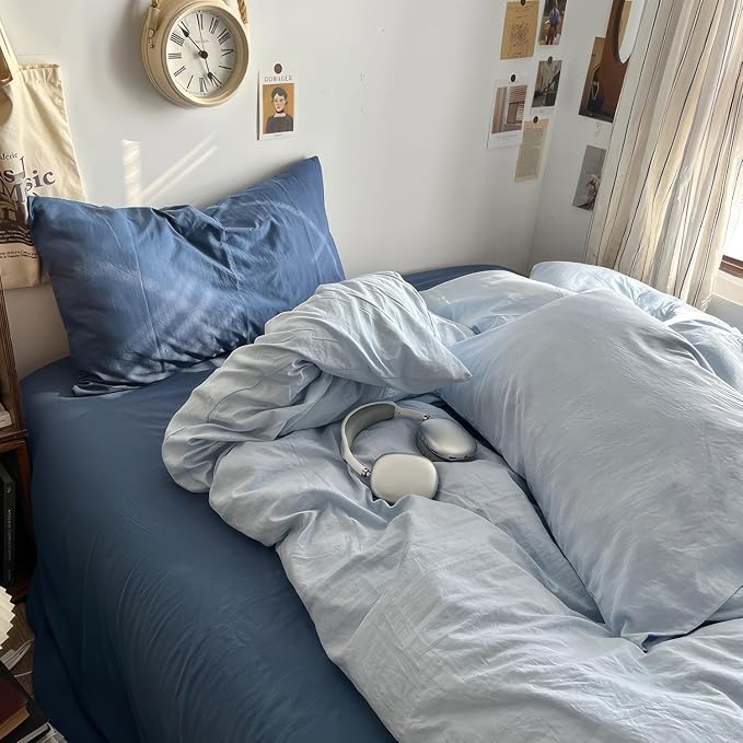 mixinni 100% Washed Cotton Duvet Cover Set Full Size, Solid Light Blue Ocean Themed Chic Bedding, Soft Breathable Minimalist Comforter Cover with Zipper Closure & Corner Ties-Full Size