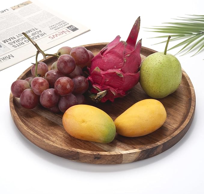 YANGQIHOME Round Wood Tray, Acacia Wooden Serving Tray, Serving Platter, Appetizer Charcuterie Board, Tray Organizer for Kitchen/Countertop, 13.8 x 13.8 x 0.8 inch