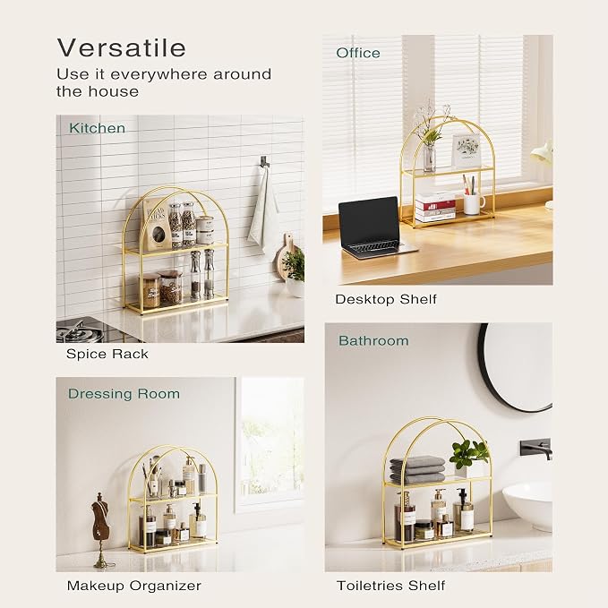 Crofy Gold Arched Frame Wall Shelf, Decorative 2 Tier Bathroom Wall Shelf with Transparent Tempered Glass Shelves and Robust Storage Capacity, 5.1" D x 17.9" W x 19.18" H