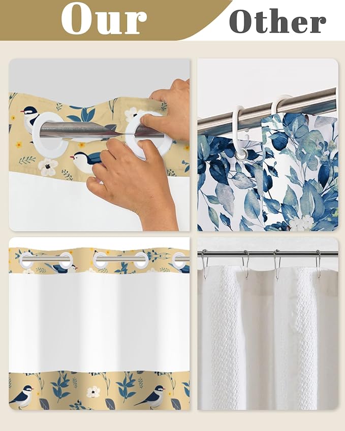 No Hook Shower Curtain and Liner Set, Bird and Floral Print in Yellow Fabric, Waterproof Bath Tub Curtain for Cottage, Farmhouse, Kids Bathroom Decor, See Through Top, 71 x 74 Inch