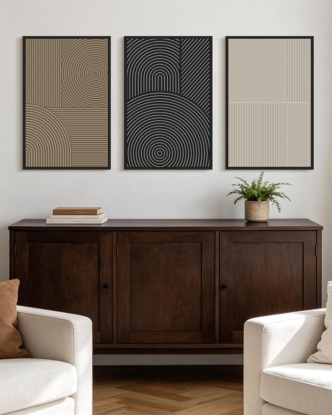 KUVIOKE Minimalist Abstract Boho Framed Wall Art Modern Mid-Century Bohemain Neutral Line Wall Decor Geometric Artwork Bedroom Decor 16x24in (Black Framed)
