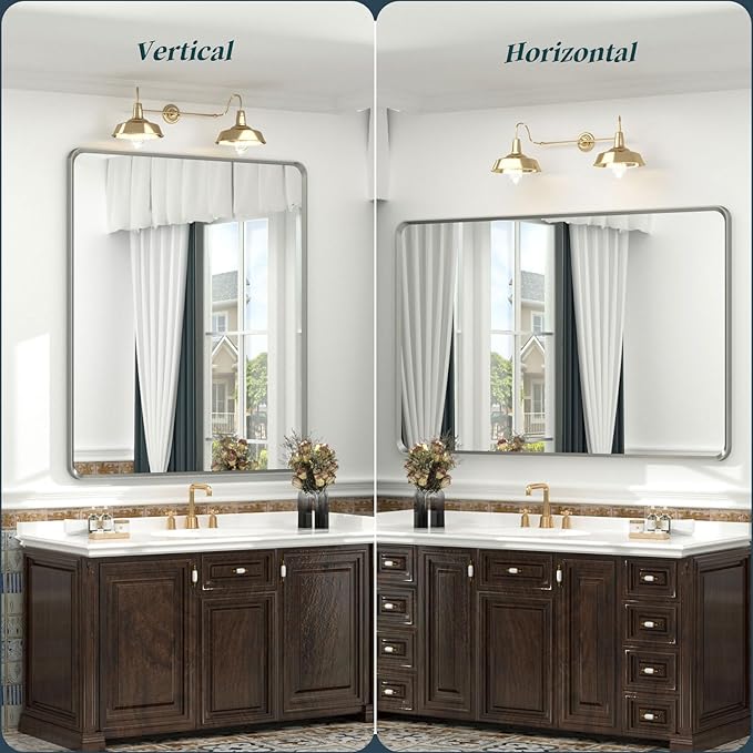 OKPAL Brushed Nickel Mirror 24 x 32 Inch Silver Bathroom Mirror for Over Sink, Rounded Rectangle Farmhouse Vanity Mirror, HD Wall Mirror, Aluminum Alloy Frame (Horizontal/Vertical)