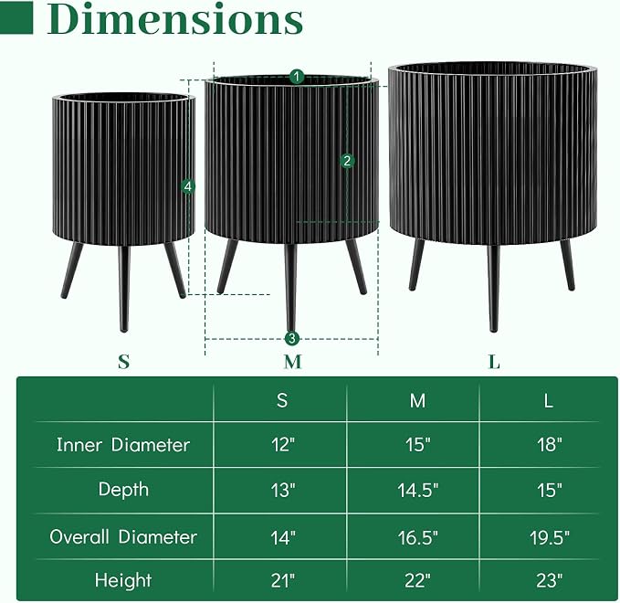 Giantex 16 inch Plant Pot with Stand Set of 2, Mid-Century Modern Fluted Planter with Built-in Drainage Holes, Metal Flower Pot with Tapered Legs for Living Room, Office, Porch, Garden
