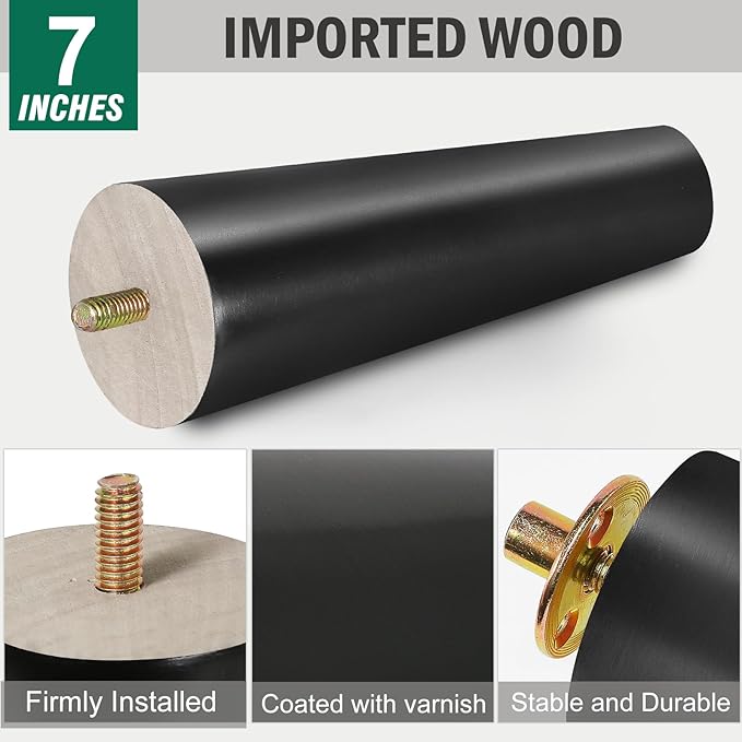 FoDau770 Black Rubber Wood Furniture Legs 7 Inches, Straight Tapered Wood Feet Mid Century Sofa Legs Set of 4, 5/16" UNC Furniture Feet Replacement Parts for Cabinet Couch Dresser Chair Ottoman Table