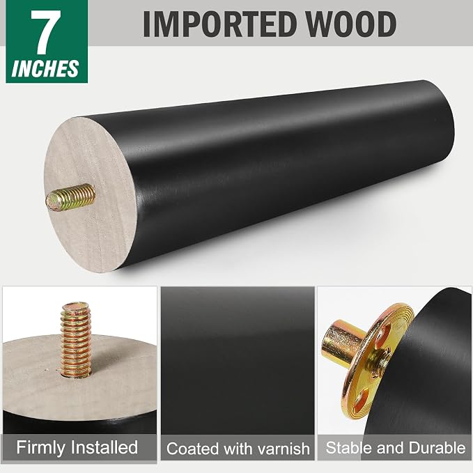 FoDau770 Black Rubber Wood Furniture Legs 7 Inches, 5/16" UNC Straight Tapered Wood Feet Mid Century Sofa Legs, Wooden Furniture Feet Replacement Parts for Cabinet Couch Dresser Chair Ottoman Table