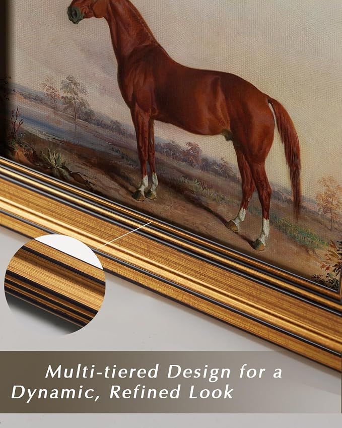 HUARCEY Gold Framed Vintage Wall Art for Living Room, Animals Painting Prints Shelf Decor for Kitchen, Aesthetic Bedroom Wall Art, Best Gifts for Friends or Family - Ferghana horse 10L x 8W