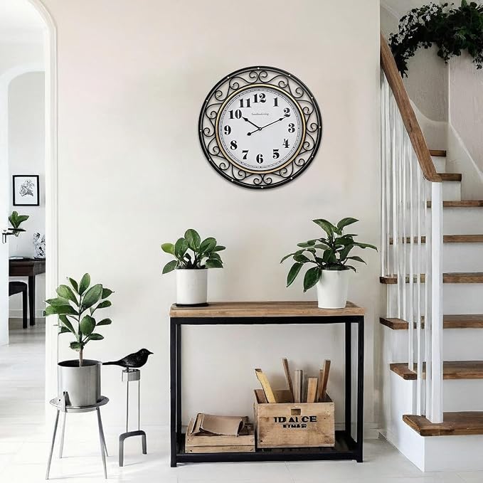 SwallowLiving 24 Inch Vintage Iron Metal Frame Wall Clock Silent, Battery Operated, Elegant Retro Decor for Living Room, Kitchen, Office, Dining Room, and Bedroom