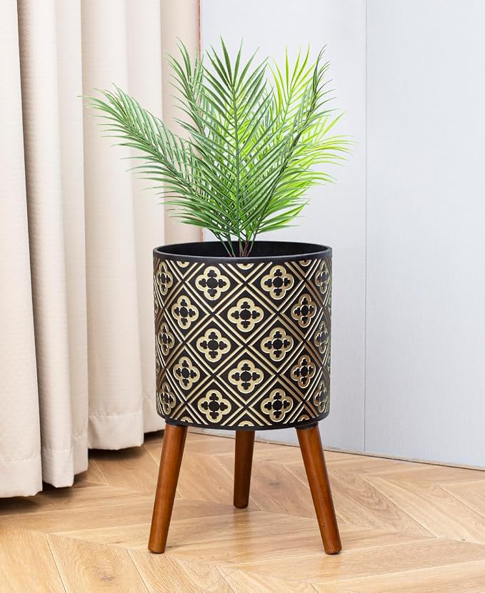 10 Inch Plant Pot with Stand, Planter for Indoor Plants, Modern Large Flower Planter Pot with Drainage Holes for Outdoor, Black & Gold