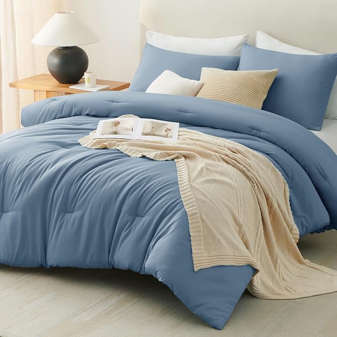 CozyLux Twin Comforter Set College Dorm Essentials, 2 Pieces Grayish Blue Twin Extra Long Solid Bedding Set, Dusty Blue Bed Set with Down Alternative Comforter and 1 Pillowcase, Back to School Gift