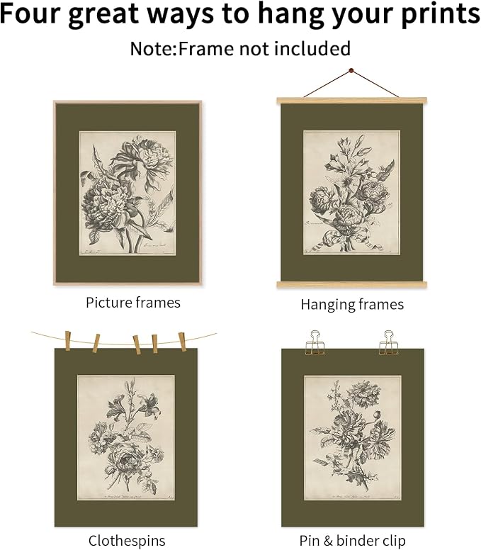 Vintage Floral Wall Art Sketch Flower Prints Antique Botanical Canvas Wall Art Decor Vintage Etchings Floral Poster Green Botanical Painting Sage Green Artwork for Bedroom 12x16x6 Inch Unframed