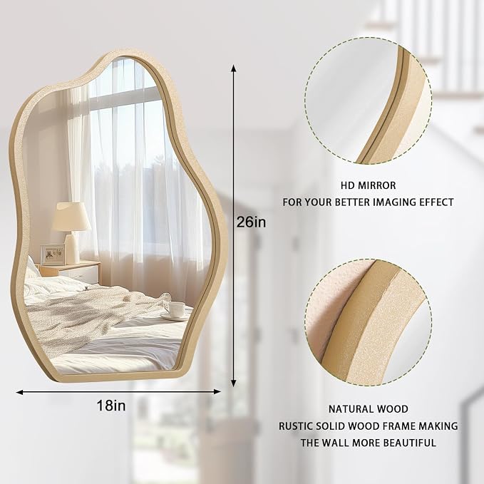 Irregular Mirror for Wall Gold Modern Asymmetrical Large Mirror Wooden Framed Hanging Wall Mirror Unique Shape Vanity Cloud Mirror Decor Decorative for Bedroom Bathroom Living Room Entryway