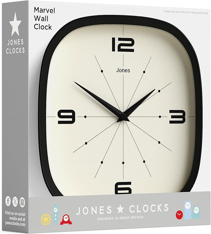 JONES CLOCKS® Pulsar wall Clock | Square Rounded Retro Clock | 10 inch | Black | Cool Designer Look for Kitchen, Living Room or Office