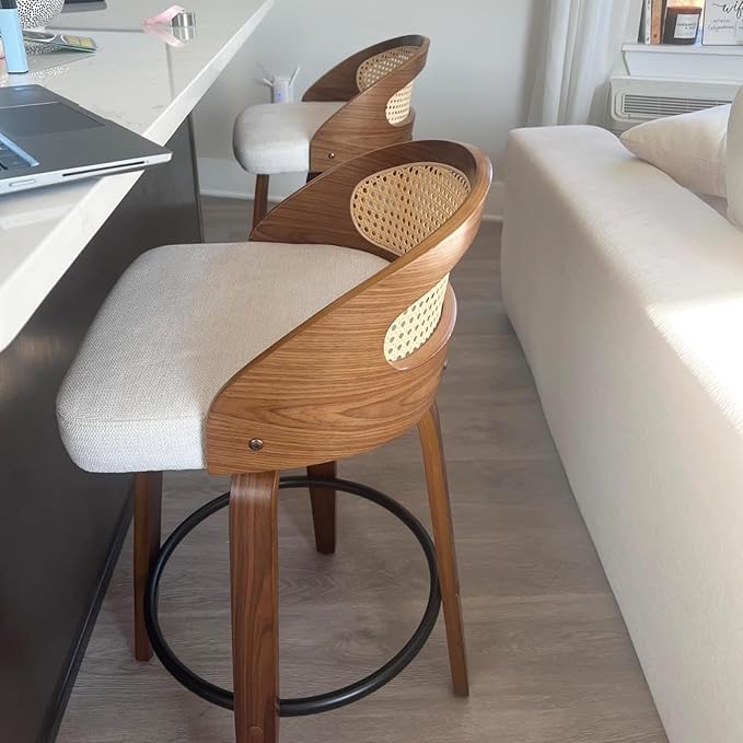 26" Swivel Rattan Bar Stools Set of 3,Mid-Century Modern Orange Leather Upholstered Counter Height Stools,Kitchen Island Barstools with Rattan Low Backrest,Walnut Wood Finish Bar Chair