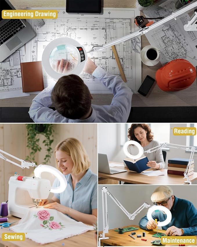 10X Magnifying Glass with Light and Clamp, Ultra Long 3 Section Swing Arm LED Desk Lamp, Real Glass Lens, 5 Color Modes Dimmable, Hands Free Lighted Magnifier with Stand for Repair Crafts - White