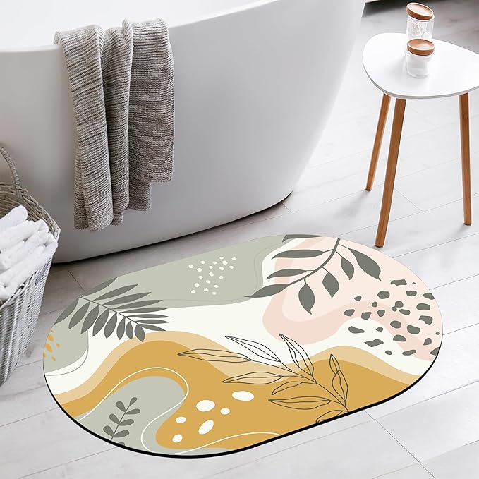 Oval Bath Mat Forest Tropical Leaves Diatomaceous Mud Mats with Rubber Backing Ultra Soft Washable 23.6"×15.7" Quick Dry Thin Bath Rugs for Bathroom Floor Bathtub Vanity Easy Care