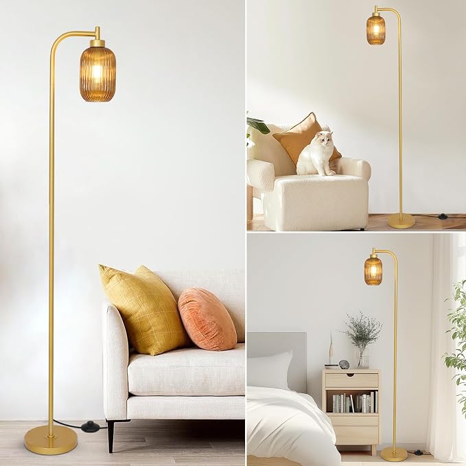 LAMSU Glass Floor Lamps for Living Room, Vintage Gold Standing Lamp with LED Bulb, Amber Stripe Glass Shade, Foot Switch, Mid Century Modern Brass Tall Corner Lamp for Bedroom Office Reading Room