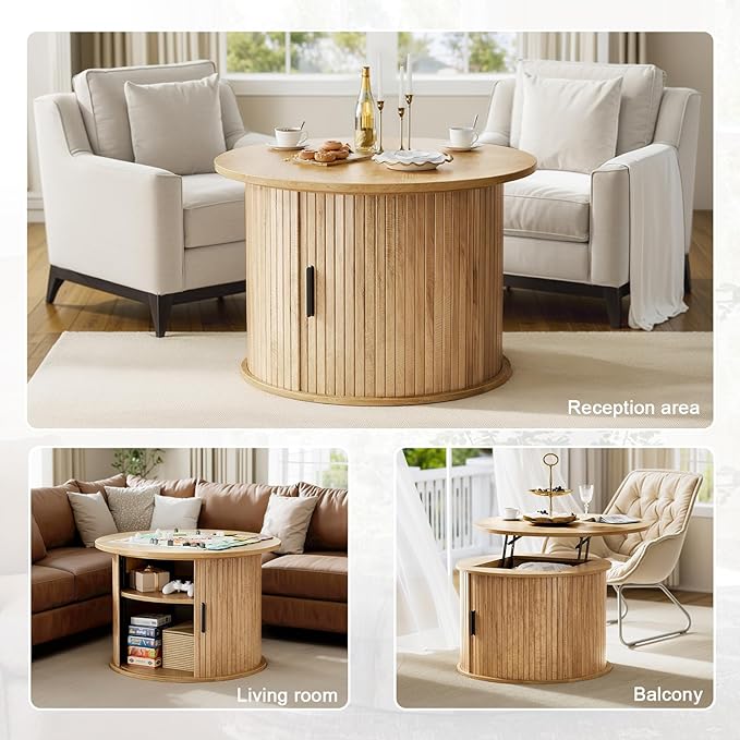 FABATO Round Lift Top Coffee Table, Fluted Wood Accent Coffee Table with Hidden Storage and Open Shelves, Drum Table with Sliding Rolling Door, Small Center Table Dining Table for Living Room, Wood