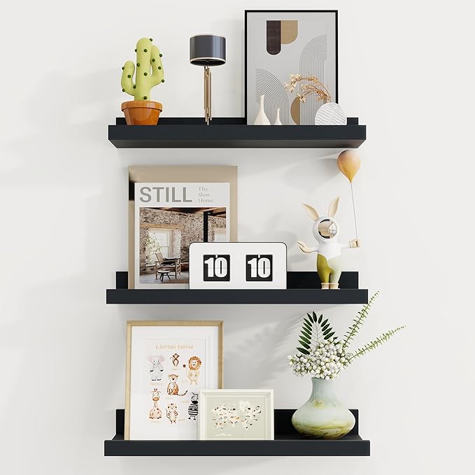 Axeman Picture Ledge Shelf | 16 Inch Black Floating Shelves Set of 3 | Rustic Wood Wall Shelves with Lip | 16" Black Picture Shelf for Wall with Ledge | Photo Shelves