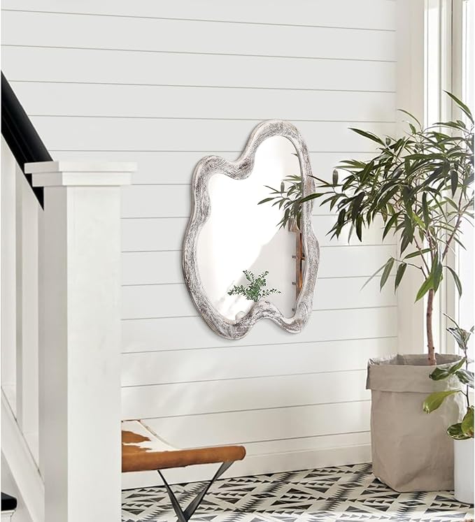 AAZZKANG Irregular Wall Mirror Wooden Large Asymmetrical 24"x16" Decorative Hanging Mirrors for Bedroom Dressing Room Living Room Bathroom Entryway White