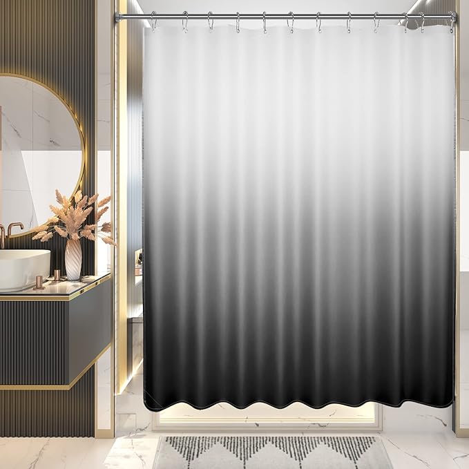 AmazerBath Shower Curtain, Ombre Black Fabric Shower Curtain Set with 12 Hooks, Farmhouse Cloth Black and White Shower Curtain, Washable Bathroom Shower Curtain Sets, 72x84 Inches