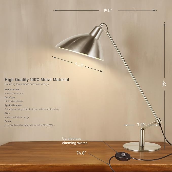 Desk Lamp Modern Industrial 100% Metal Adjustable Table Lamp 24", Natural Light (4000K) with Dimmer, Ideal for Office Bedroom Study Room Living Room Nightstand Bedside Lamps Nickel