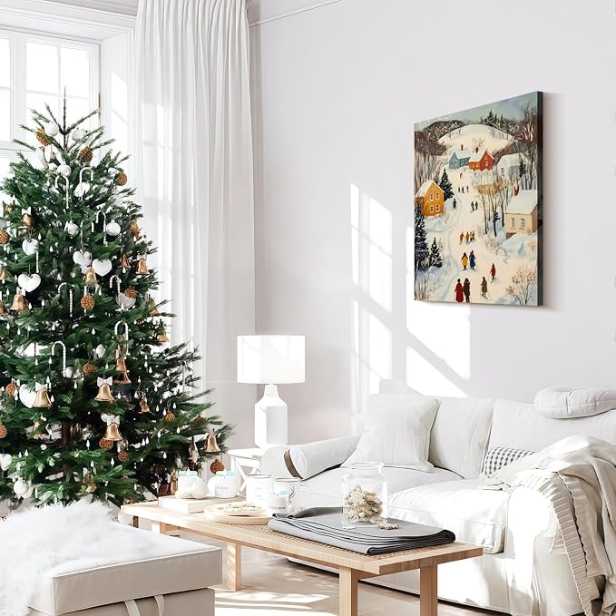 Framed Winter skiing Scene Canvas Wall Art Nordic Landscape Painting Print Poster Picture Gallery Wall Decoration Living Room Bedroom Dining room 16X24 Inch Ready to Hang