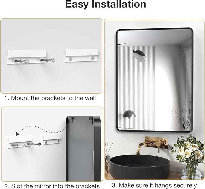 20x28 inch Black Bathroom Mirror, Metal Framed Rounded Rectangle Wall Mount Vanity Mirror, HD Tempered Glass, Aluminum Frame, Horizontal or Vertical Hanging, Modern Home Decor