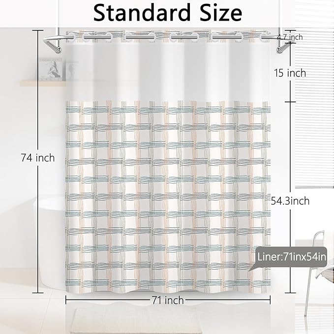 No Hook Shower Curtain with Snap in Fabric Liner - Beige & Teal Grid Pattern, Waterproof Shower Curtains and Liner Set for Modern Bathroom, See Through Top Window, 71x74 Inches