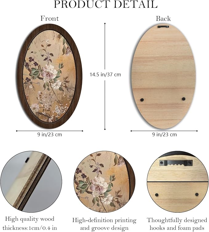 UYIKG Vintage Floral Oval Framed Wall Art Decor,Floral Botanical Oval Wooden Wall Decor,Rustic Farmhouse Cottage Core Wooden Framed Decorations for Theme Room Bedroom Living Room Home Office 9x14.6 in
