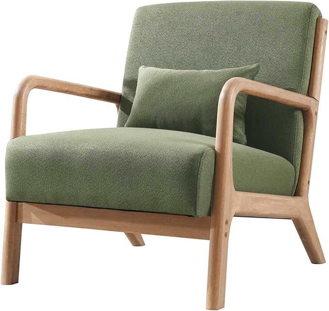 ANJ Mid Century Modern Accent Chair, Comfy Fabric Reading Chair with Solid Wood Frame, Easy Assembly Armchair for Living Room Blackish Green