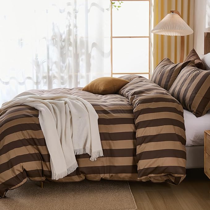 Merryword Brown Striped Duvet Cover Set King Size, 100% Natural Cotton Linen Like Duvet Cover Set with Zipper Closure & 8 Corner Ties, Brown Khaki Soft Reversible Bedding for All Seasons