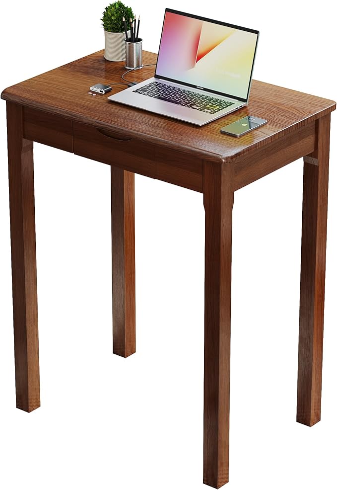 Wood Desk with Drawers - Solid Wood Mid Century Modern Desks for Bedroom, Small Computer Desk for Laptop, Study, Makeup, 23.6 W x 29.5 H x 15.7 D in, Walnut Color