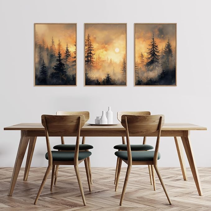 HLNIUC Golden Sunshine Forest Framed Canvas Wall Art,Foggy Forest Pine Tree Wall Decor,Large Sunset Landscape Art Print,Natural Misty Mountain Forest Wall Painting for Living Room,Bedroom - 16”x24”x3
