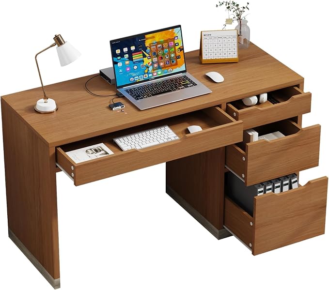 MaverickFurni 52 Inch Desk with 4 Drawers, Small Computer Desk for Small Space, Home Office Desk with Storage File Drawer for Bedroom, Brown