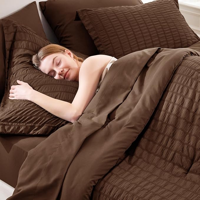 CozyLux Oversized King Comforter Set with Sheets, 7 Pieces 120"x98" Brown Seersucker Bed in a Bag, Luxury Soft Bedding Sets with Down Alternative Comforter, Sheets, Pillowcases & Shams, Home Gift
