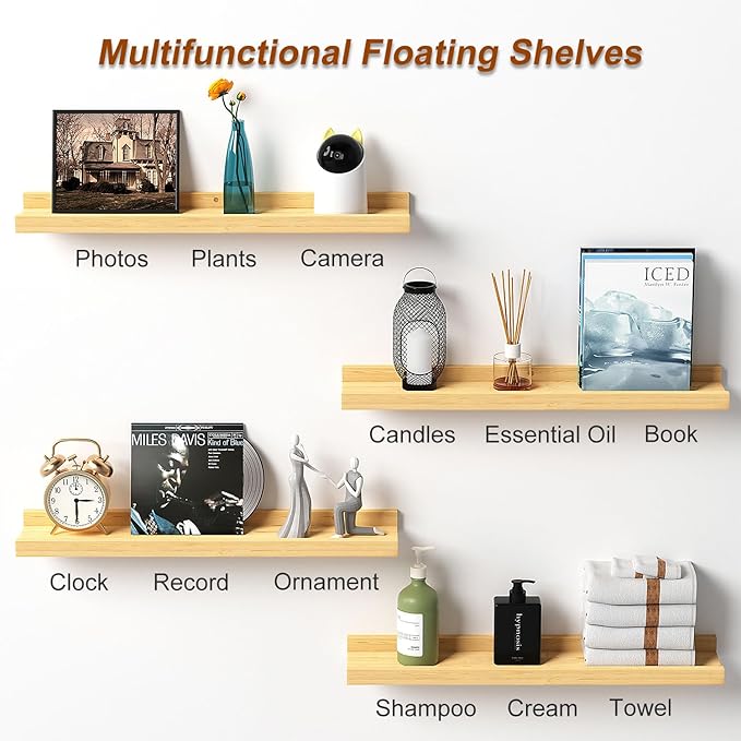 Picture Ledge Shelf, 24 inch Solid Pine Wood Floating Shelves, Floating Book Shelves for Living Room Bedroom Kitchen Decor, Natural Unfinished, No Stain, DIY, Set of 4(Maple Wood, 4Pack 24inch)