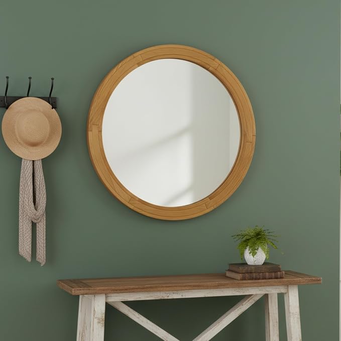 ZIYOO 30 Inch Round Wood Wall Mirror, Farmhouse Rustic Circle Mirror, Wall Mounted Decorative Mirror for Bathroom Vanity, Living Room, Entryway, Bedroom, Vanity, Hallway